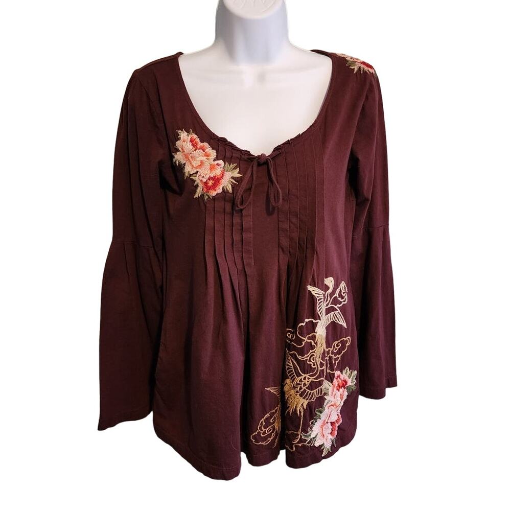 Johnny Was JWLA Embroidered Maroon Long Sleeve Tunic Top Sz Small Lagenlook Boho